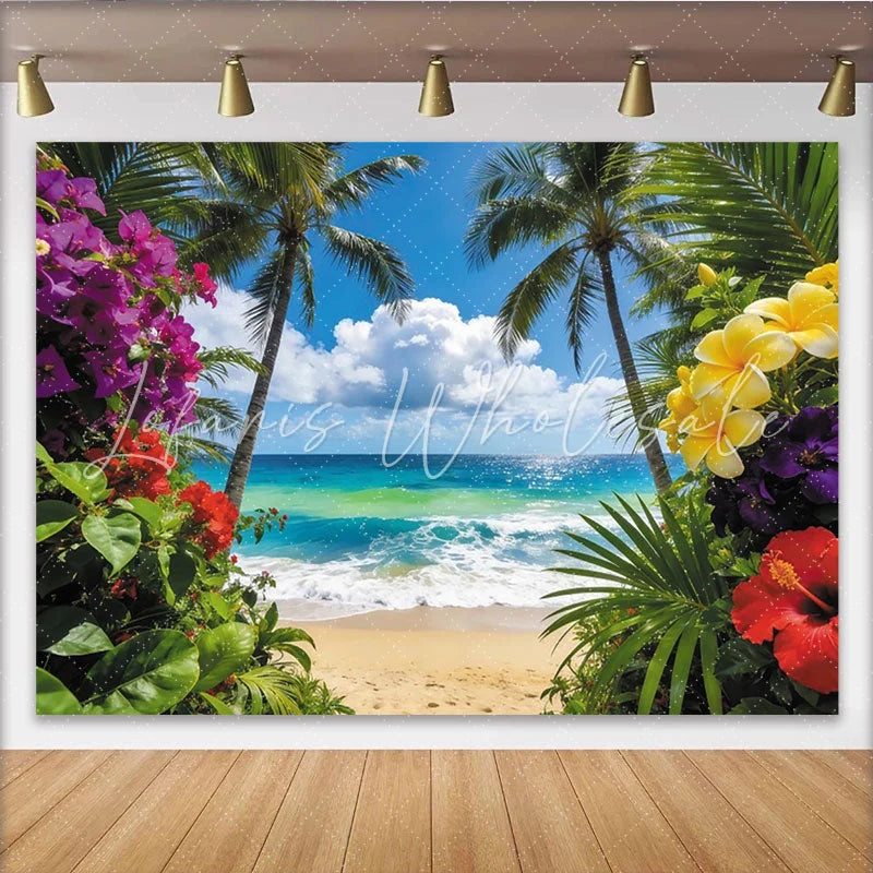 Lofaris Vibrant Tropical Beach Photography Backdrop with Palm Trees Colorful Blooms Stunning Ocean Scenery Background for Summer Photoshoots