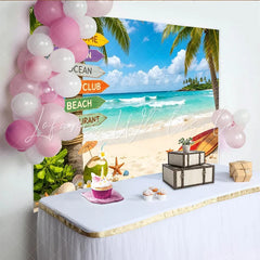 Lofaris Vibrant Tropical Beach Photography Backdrop with Palm Trees Ocean Waves and Surfboards Background for Summer Photoshoot