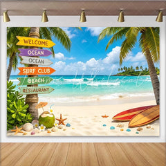 Lofaris Vibrant Tropical Beach Photography Backdrop with Palm Trees Ocean Waves and Surfboards Background for Summer Photoshoot