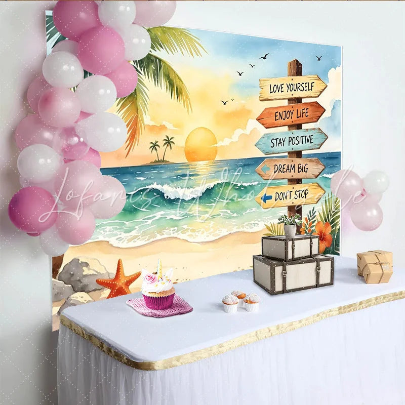 Lofaris Vibrant Tropical Beach Photography Backdrop with Sunset and Palm Trees Motivational Sign Background for Summer Party Decor