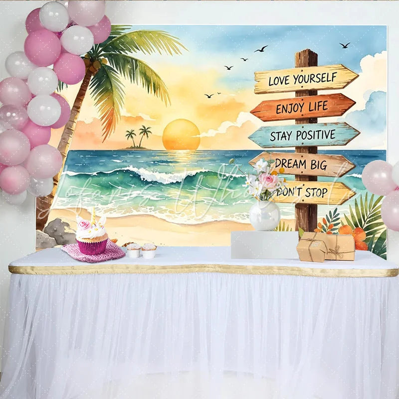 Lofaris Vibrant Tropical Beach Photography Backdrop with Sunset and Palm Trees Motivational Sign Background for Summer Party Decor