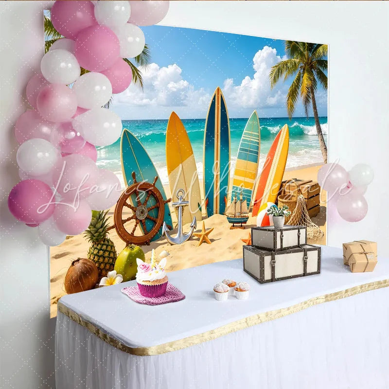 Lofaris Vibrant Tropical Beach Photography Backdrop with Surfboards and Palm Trees Summer Vacation Background for Party Decor