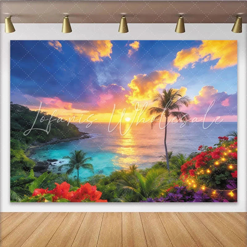 Lofaris Vibrant Tropical Beach Sunset Photography Backdrop with Palm Trees Beautiful Ocean Scenery Background for Summer Party Photoshoot