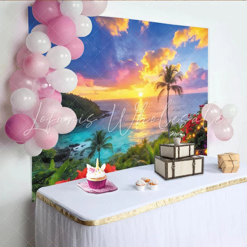 Lofaris Vibrant Tropical Beach Sunset Photography Backdrop with Palm Trees Beautiful Ocean Scenery Background for Summer Party Photoshoot