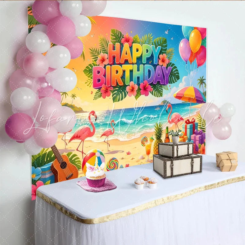 Lofaris Vibrant Tropical Flamingo Birthday Backdrop with Palm Trees Colorful Beach Party Background for Summer Photoshoot