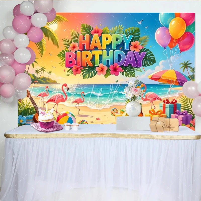 Lofaris Vibrant Tropical Flamingo Birthday Backdrop with Palm Trees Colorful Beach Party Background for Summer Photoshoot