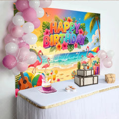 Lofaris Vibrant Tropical Flamingo Happy Birthday Backdrop with Palm Trees and Beach Scene Summer Party Decor Background for Photoshoot