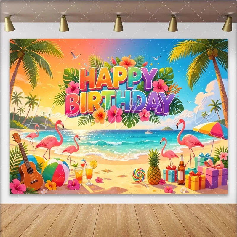Lofaris Vibrant Tropical Flamingo Happy Birthday Backdrop with Palm Trees and Beach Scene Summer Party Decor Background for Photoshoot