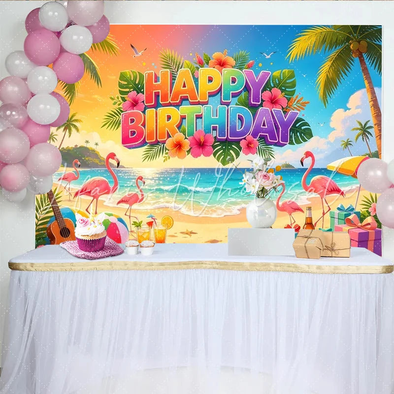 Lofaris Vibrant Tropical Flamingo Happy Birthday Backdrop with Palm Trees and Beach Scene Summer Party Decor Background for Photoshoot