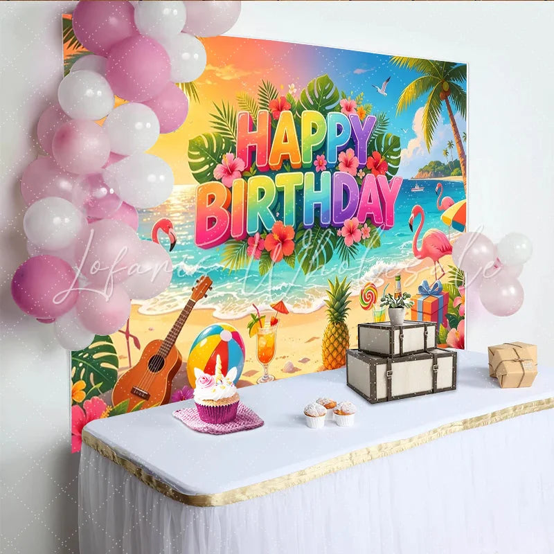 Lofaris Vibrant Tropical Flamingo Happy Birthday Backdrop with Palm Trees Beach Party Decor for Summer Photoshoot and Festive Celebration