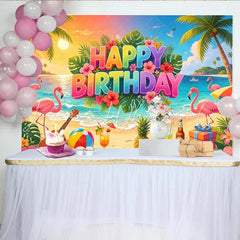 Lofaris Vibrant Tropical Flamingo Happy Birthday Backdrop with Palm Trees Beach Party Decor for Summer Photoshoot and Festive Celebration