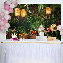 Lofaris Vibrant Tropical Jungle Birthday Cake Smash Backdrop Lush Greenery with Campfire and Lanterns for Photoshoot