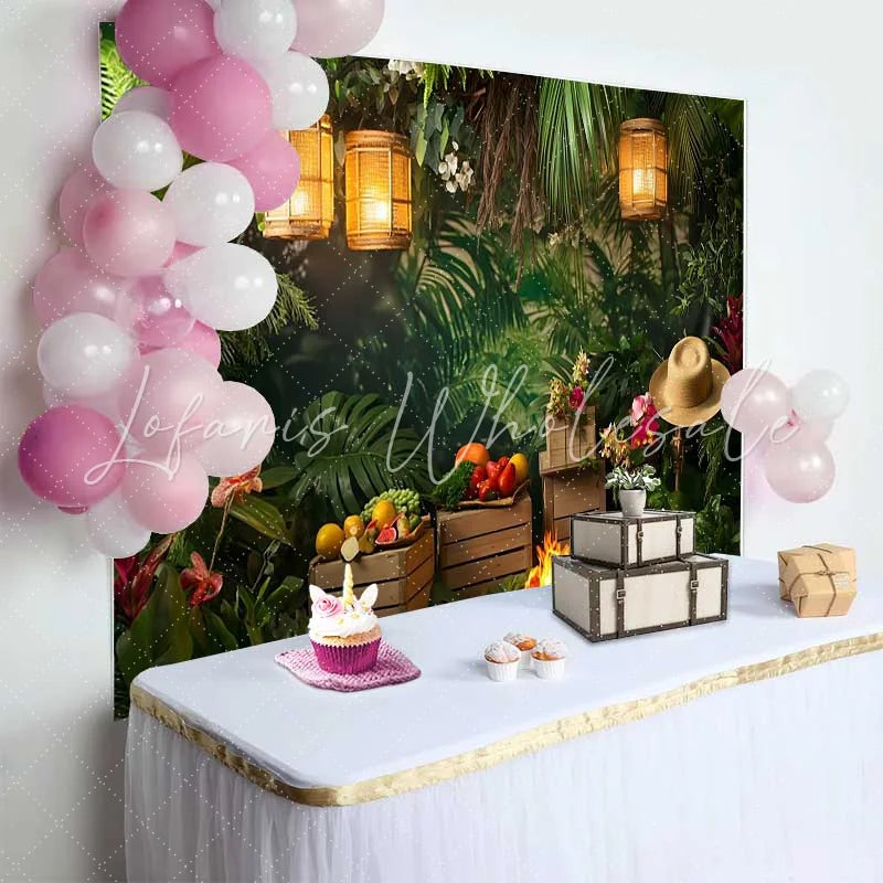 Lofaris Vibrant Tropical Jungle Birthday Cake Smash Backdrop Lush Greenery with Campfire and Lanterns for Photoshoot