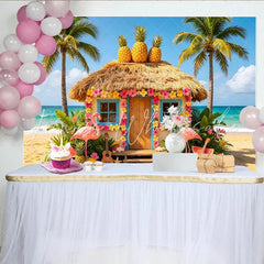 Lofaris Vibrant Tropical Summer Backdrop with Thatched Hut Flamingos Lush Hawaiian Beach Scene Background for Photoshoots
