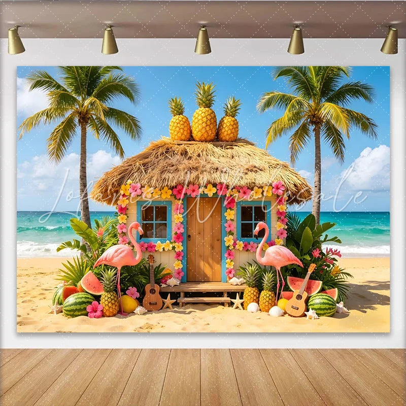 Lofaris Vibrant Tropical Summer Backdrop with Thatched Hut Flamingos Lush Hawaiian Beach Scene Background for Photoshoots
