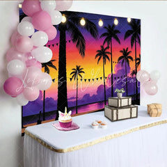 Lofaris Vibrant Tropical Sunset Photography Backdrop with Palm Trees and String Lights Beach Party Background for Summer Photos