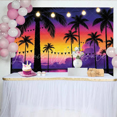 Lofaris Vibrant Tropical Sunset Photography Backdrop with Palm Trees and String Lights Beach Party Background for Summer Photos