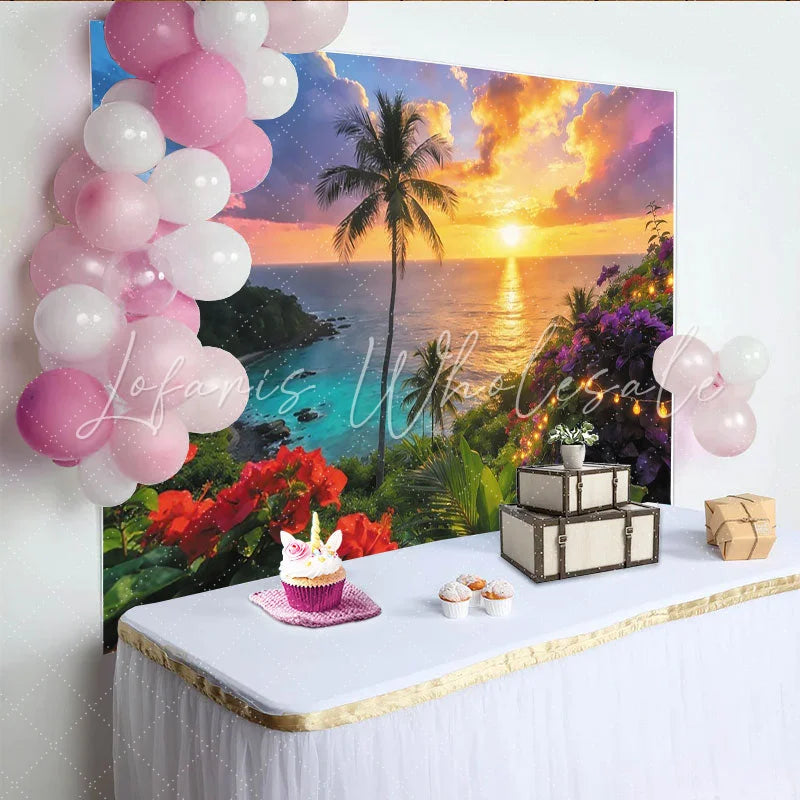 Lofaris Vibrant Tropical Sunset Photography Backdrop with Palm Trees Dreamy Ocean Beach Scene Background with Fairy Lights