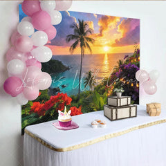 Lofaris Vibrant Tropical Sunset Photography Backdrop with Palm Trees Dreamy Ocean Beach Scene Background with Fairy Lights