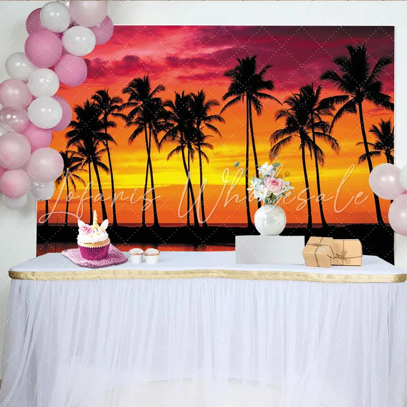 Lofaris Vibrant Tropical Sunset Photography Backdrop with Palm Trees Scenic Beach Background for Summer Party and Studio