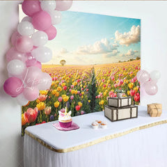 Lofaris Vibrant Tulip Field Floral Photography Backdrop with Blue Sky Beautiful Spring Landscape Background for Studio Photoshoot