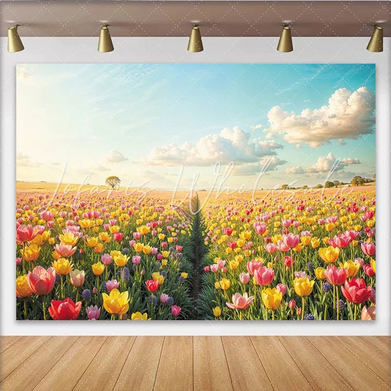 Lofaris Vibrant Tulip Field Floral Photography Backdrop with Blue Sky Beautiful Spring Landscape Background for Studio Photoshoot