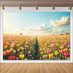 Lofaris Vibrant Tulip Field Floral Photography Backdrop with Blue Sky Beautiful Spring Landscape Background for Studio Photoshoot