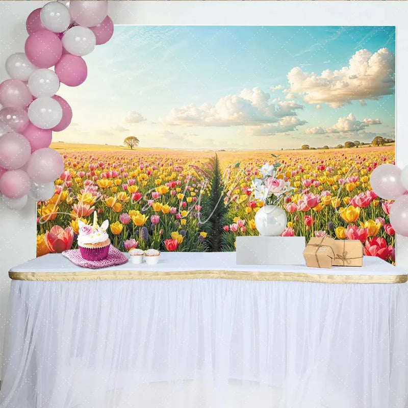 Lofaris Vibrant Tulip Field Floral Photography Backdrop with Blue Sky Beautiful Spring Landscape Background for Studio Photoshoot