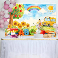 Lofaris Vibrant Watercolor Back to School Backdrop with Apple Tree and Sunflowers ABC Books School Bus Photo Background for Classroom