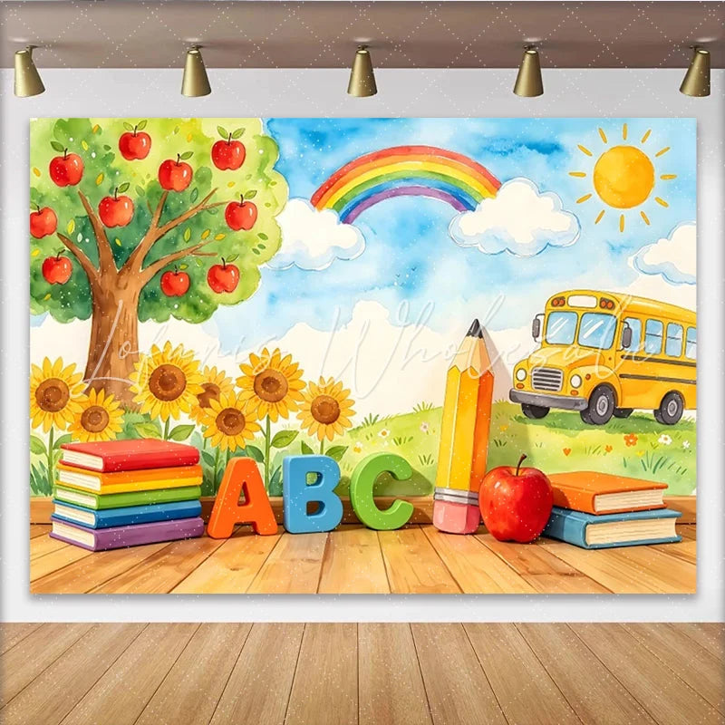 Lofaris Vibrant Watercolor Back to School Backdrop with Apple Tree and Sunflowers ABC Books School Bus Photo Background for Classroom