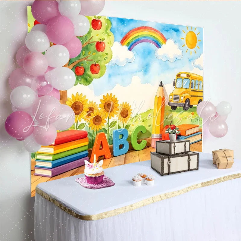 Lofaris Vibrant Watercolor Back to School Backdrop with Apple Tree and Sunflowers ABC Books School Bus Photo Background for Classroom