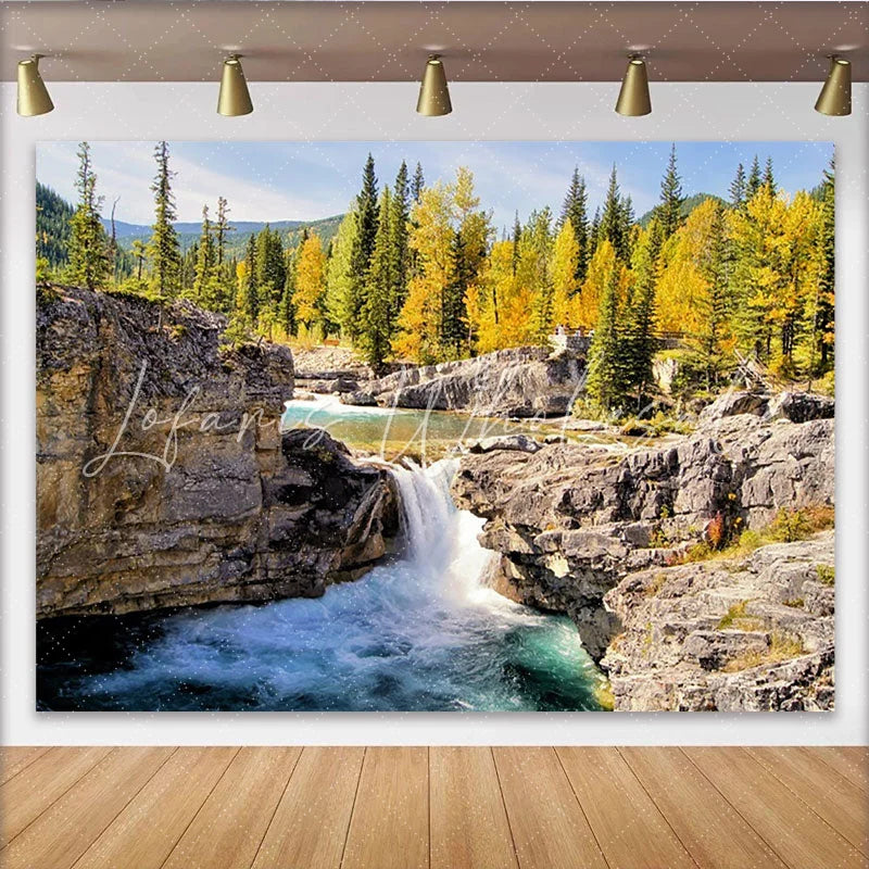 Lofaris Vibrant Waterfall Natural Scenery Photography Backdrop with Autumn Forest Rocky River Background for Studio Photoshoot