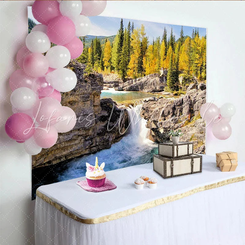 Lofaris Vibrant Waterfall Natural Scenery Photography Backdrop with Autumn Forest Rocky River Background for Studio Photoshoot