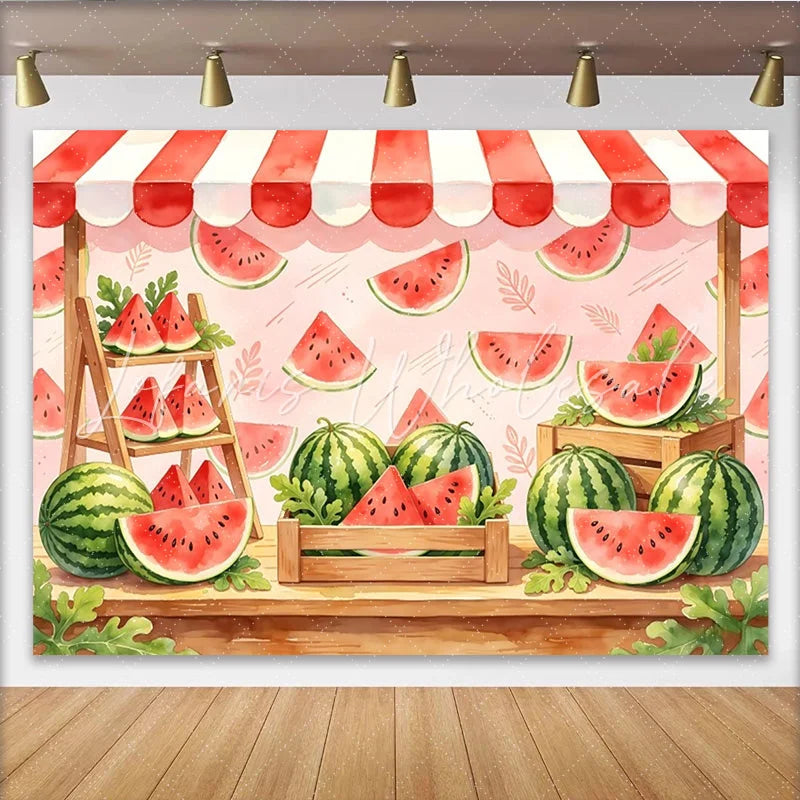 Lofaris Vibrant Watermelon Photography Backdrop with Market Stand and Awning Sweet Summer Fruit Background for Studio Photoshoot