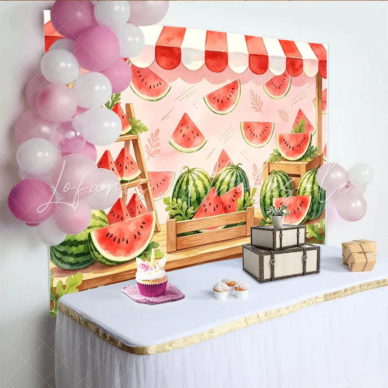 Lofaris Vibrant Watermelon Photography Backdrop with Market Stand and Awning Sweet Summer Fruit Background for Studio Photoshoot