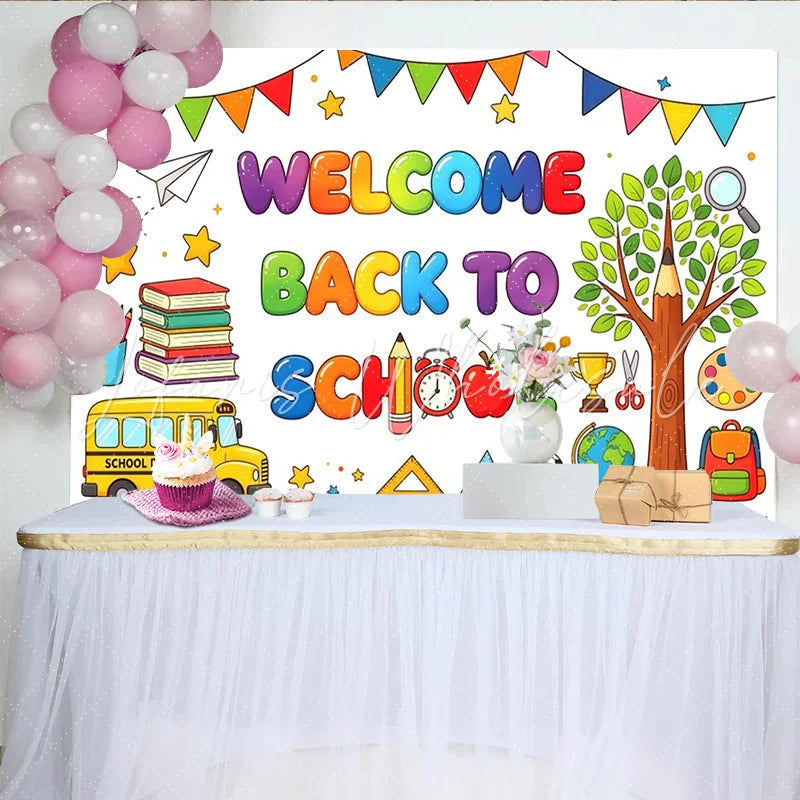 Lofaris Vibrant Welcome Back To School Backdrop with School Bus Books and Pencils Fun Classroom Decor for Photography