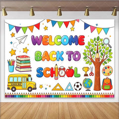 Lofaris Vibrant Welcome Back To School Backdrop with School Bus Books and Pencils Fun Classroom Decor for Photography