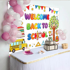 Lofaris Vibrant Welcome Back To School Backdrop with School Bus Books and Pencils Fun Classroom Decor for Photography