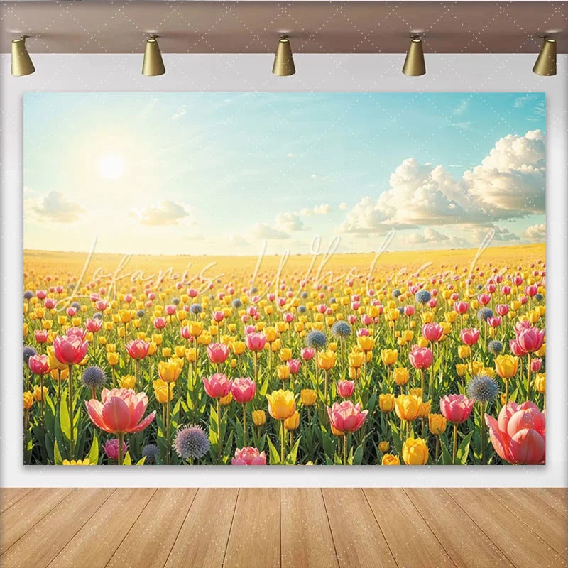 Lofaris Vibrant Yellow and Pink Tulip Field Spring Photography Backdrop Bright Nature Photo Background for Studio Portrait and Event Decor