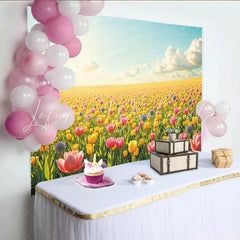 Lofaris Vibrant Yellow and Pink Tulip Field Spring Photography Backdrop Bright Nature Photo Background for Studio Portrait and Event Decor