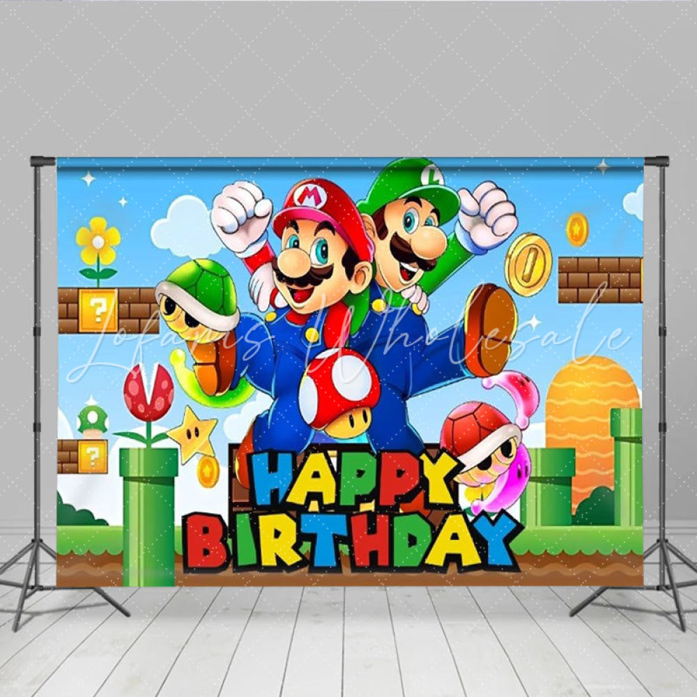 Lofaris Video Game Bros Happy Birthday Backdrop Super Mario Inspired Pixel World Arcade Party Decor for Boys