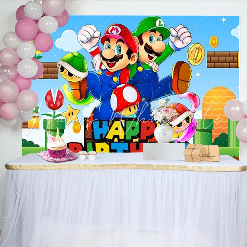 Lofaris Video Game Bros Happy Birthday Backdrop Super Mario Inspired Pixel World Arcade Party Decor for Boys