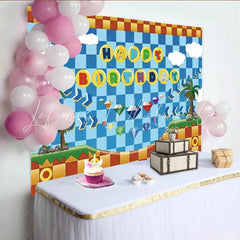 Lofaris Video Game Hedgehog Happy Birthday Backdrop Blue Pixel Zone with Palm Trees Sonic Inspired Arcade Party Decor