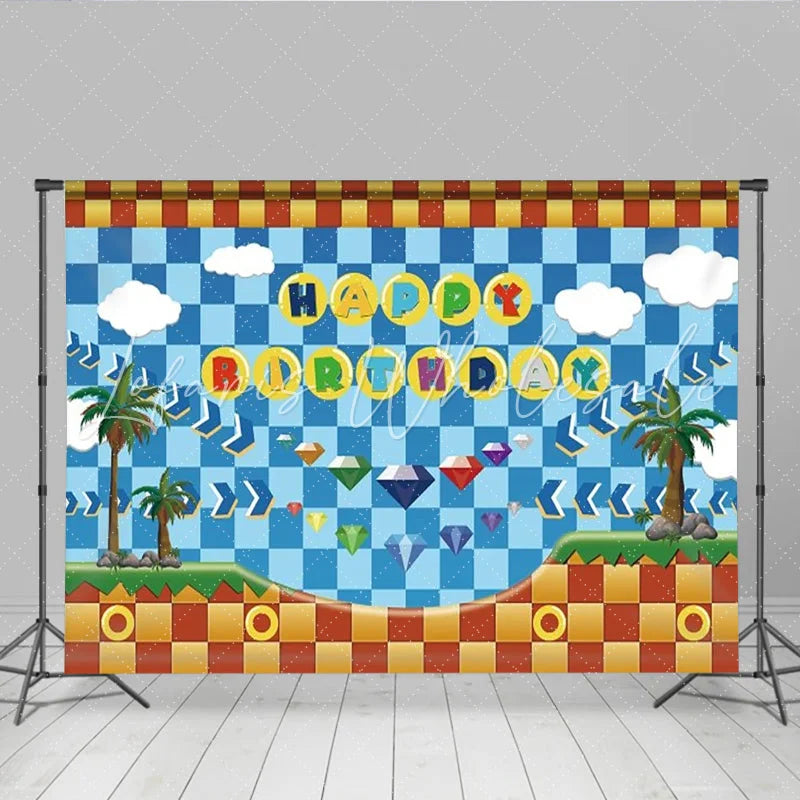 Lofaris Video Game Hedgehog Happy Birthday Backdrop Blue Pixel Zone with Palm Trees Sonic Inspired Arcade Party Decor