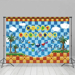 Lofaris Video Game Hedgehog Happy Birthday Backdrop Blue Pixel Zone with Palm Trees Sonic Inspired Arcade Party Decor