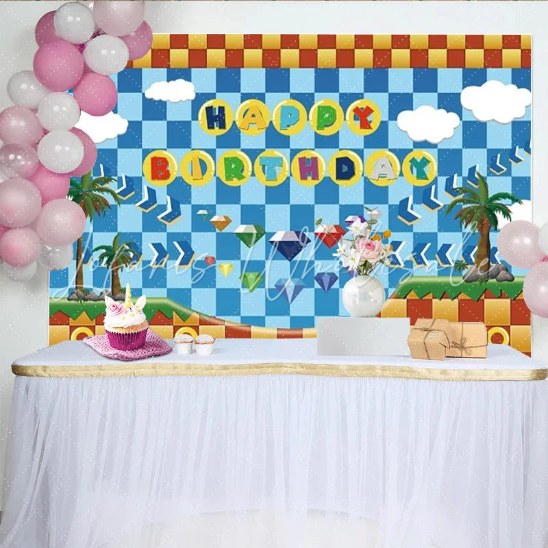 Lofaris Video Game Hedgehog Happy Birthday Backdrop Blue Pixel Zone with Palm Trees Sonic Inspired Arcade Party Decor