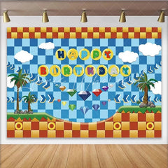 Lofaris Video Game Hedgehog Happy Birthday Backdrop Blue Pixel Zone with Palm Trees Sonic Inspired Arcade Party Decor