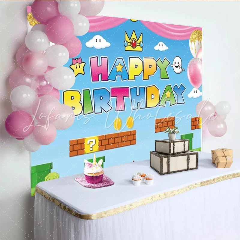 Lofaris Video Game Princess Happy Birthday Backdrop Pink Pixel World with Gold Coins Girls Arcade Party Photo Booth Decor