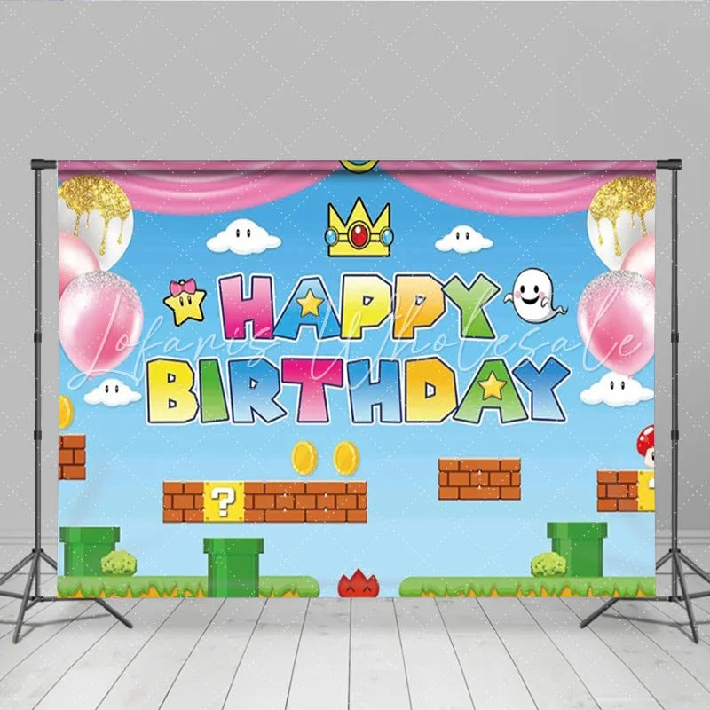Lofaris Video Game Princess Happy Birthday Backdrop Pink Pixel World with Gold Coins Girls Arcade Party Photo Booth Decor