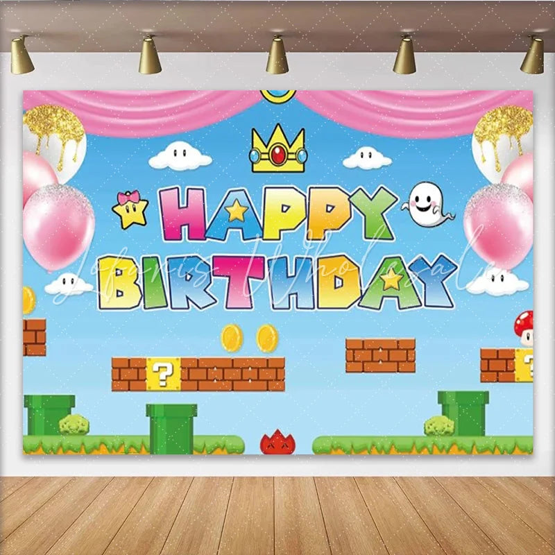 Lofaris Video Game Princess Happy Birthday Backdrop Pink Pixel World with Gold Coins Girls Arcade Party Photo Booth Decor